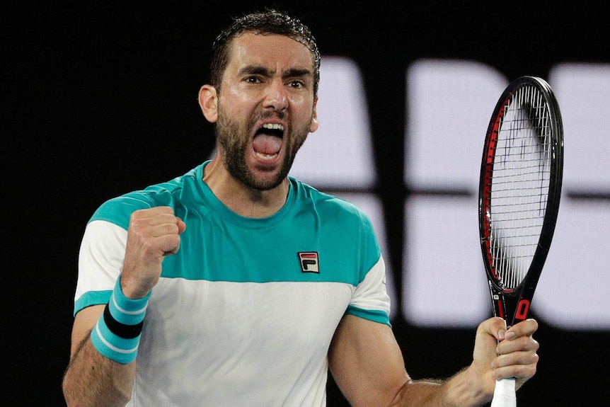 Marin Cilic pumps both his fists and screams out during his Australian Open semi-final against Kyle Edmund.