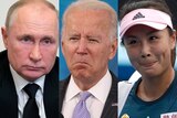 a composite image of Vladimir Putin, Joe Biden and Peng Shuai