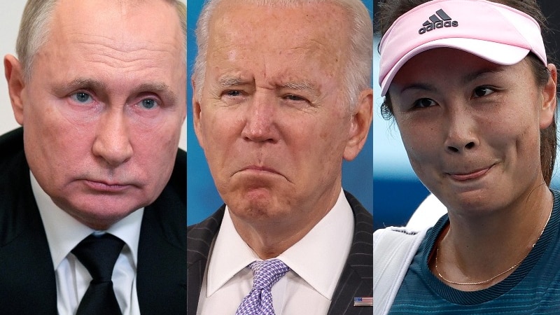 Составное фото Владимира Путина, Джо Байдена и Пэн Шуая.