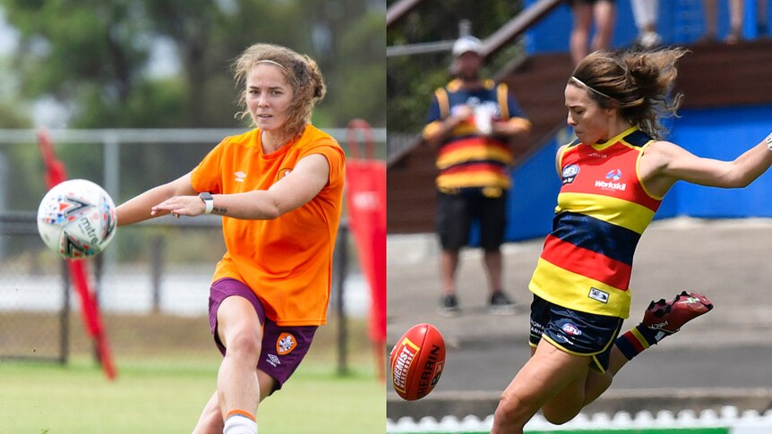 Jenna McCormick kicks a soccer ball in the left photo wearing orange and an AFLW ball in the right photo wearing stripes