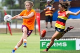 Jenna McCormick kicks a soccer ball in the left photo wearing orange and an AFLW ball in the right photo wearing stripes