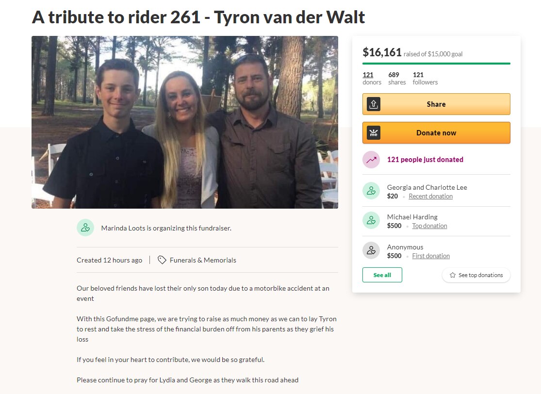 A screenshot of an online crowd-funding campaign for a young motocross rider who died. 