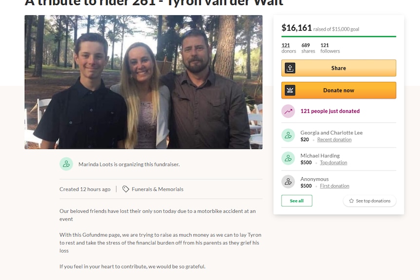 A screenshot of an online crowd-funding campaign for a young motocross rider who died. 
