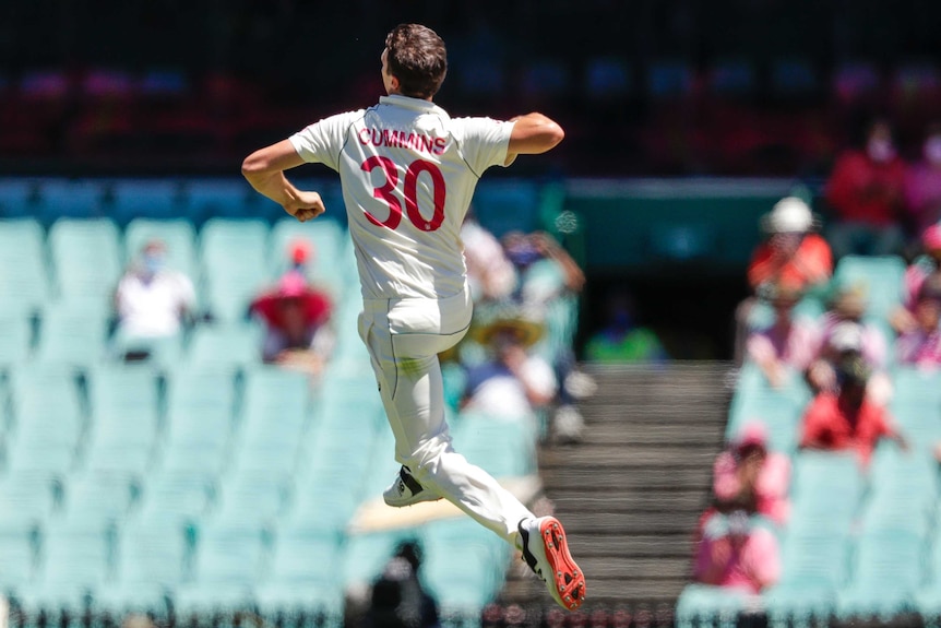 Shot from behind, Pat Cummins leaps to punch the air in celebration