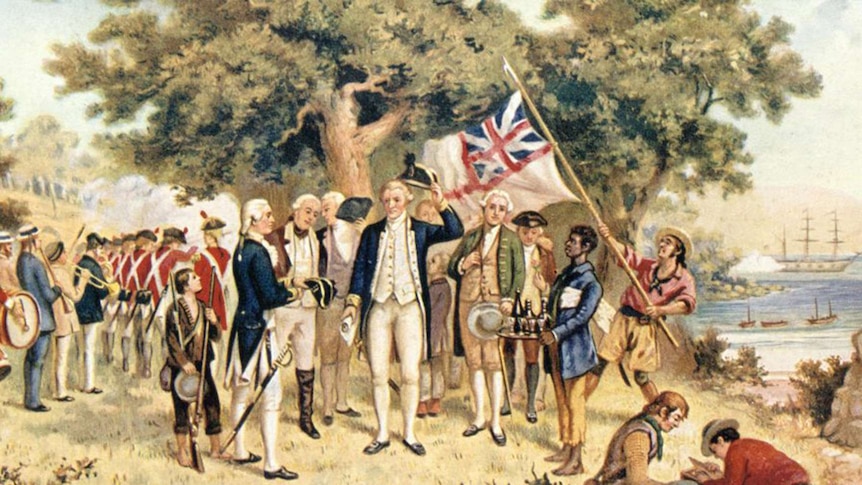 A painting of Captain Cook surrounded by his fleet.