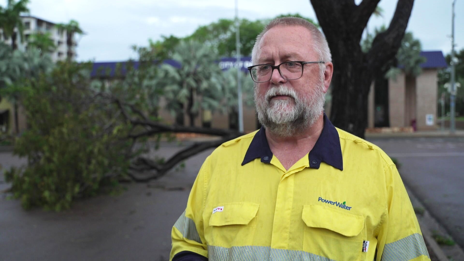 Homem branco vestindo blusa amarela de manga longa de alta visibilidade, barba, cabelos grisalhos, parado em frente a uma árvore caída.