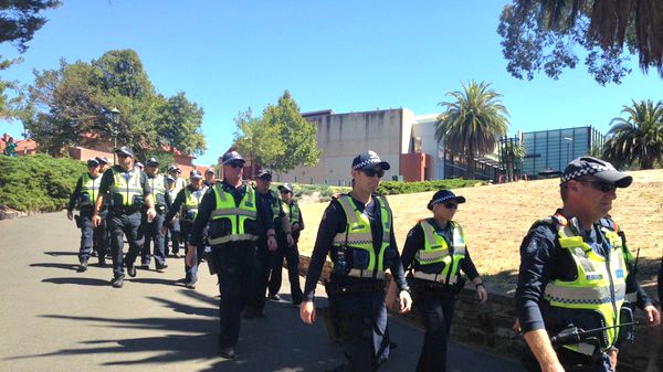 A large police contingent take up position in Bendigo