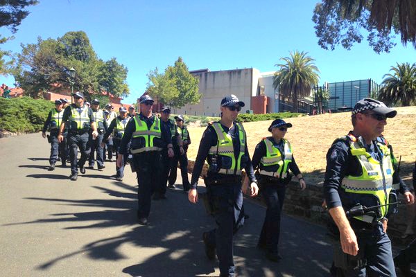 A large police contingent take up position in Bendigo