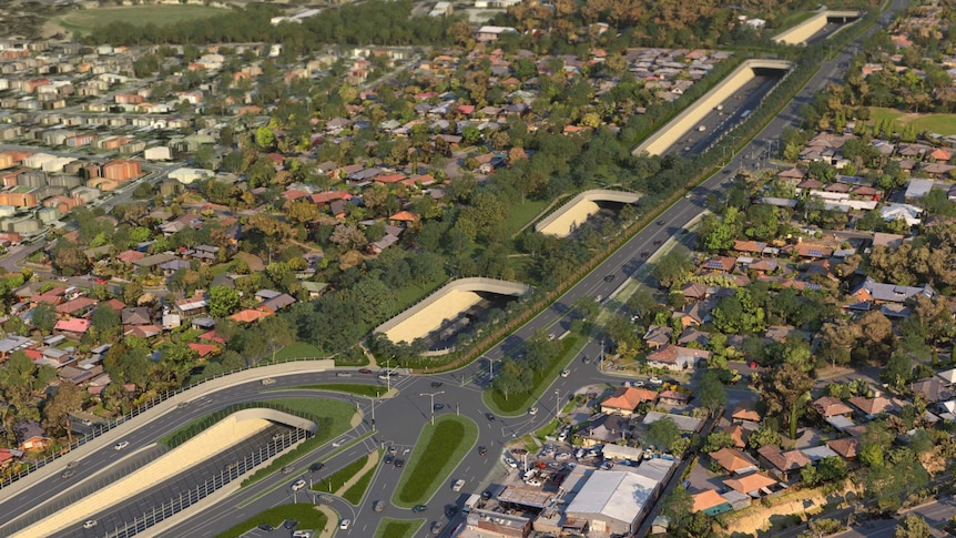 An artist impression of bridges of green parkland over a freeway tunnel at Watsonia.