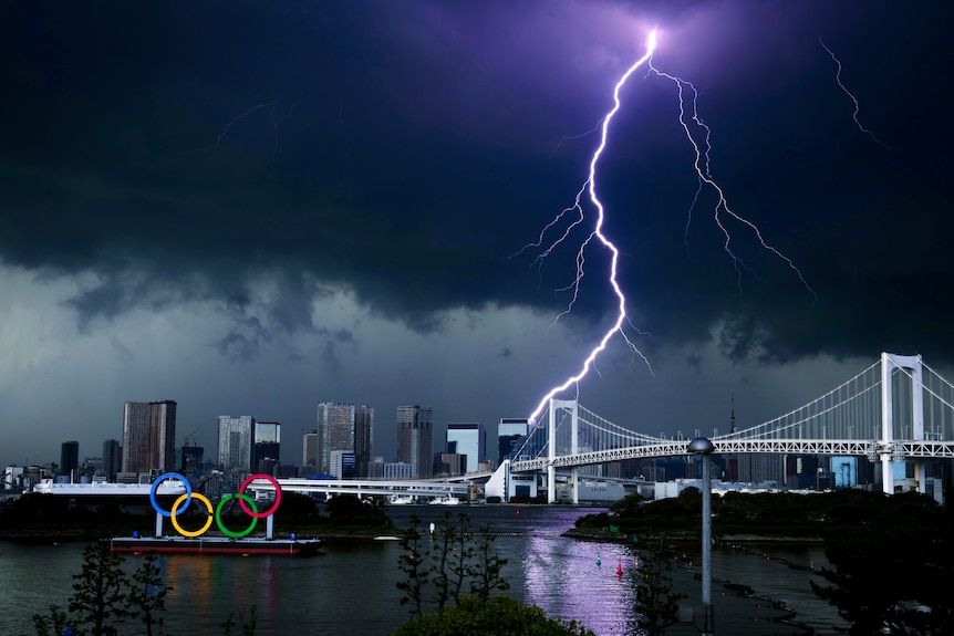 A huge lightning bolt in the sky over Tokyo