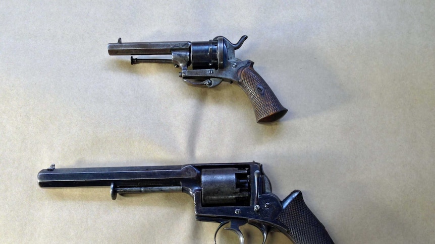 Pistols stolen from the Queen Victoria Museum in Launceston, Tasmania including bushranger Martin Cash's (top).