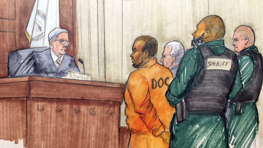 A colour courtroom sketch showing R Kelly wearing an orange jumpsuit and appearing before a judge in court