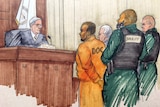 A colour courtroom sketch showing R Kelly wearing an orange jumpsuit and appearing before a judge in court