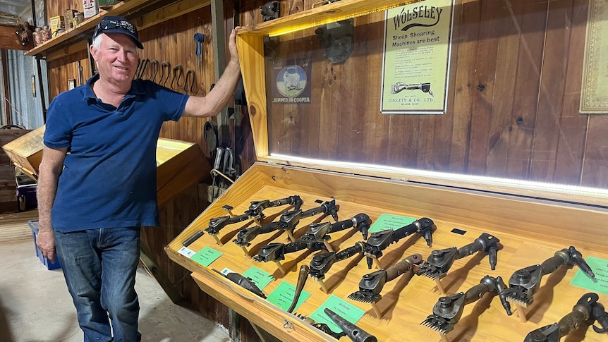 Kevin Crook holds open a display cabinet full of antique shearing handpieces