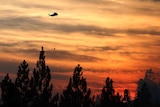 A firefighting helicopter hovers over the Rim fire