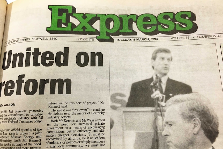 A front page of the Latrobe Valley Express from 1994 featuring an article about privatisation with a photo of Jeff Kennett.