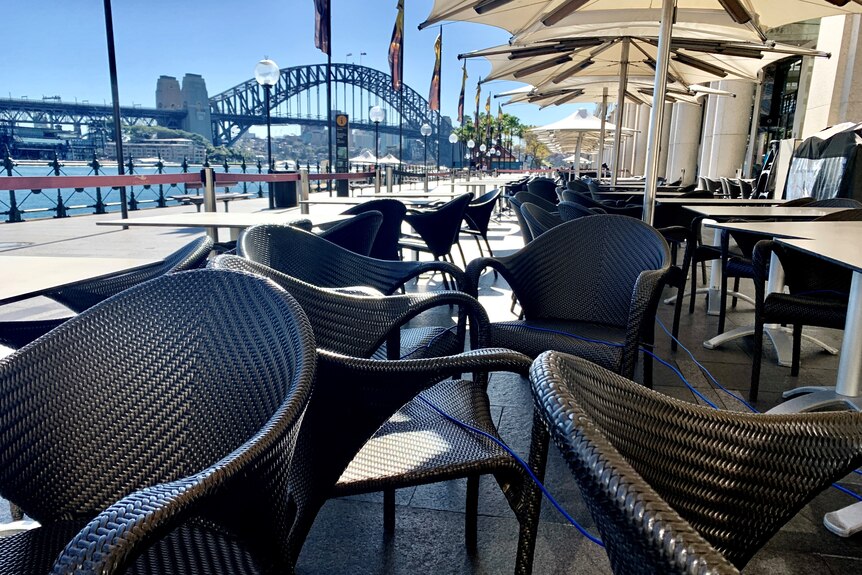 Empty chairs at a cafe at Circular Quay