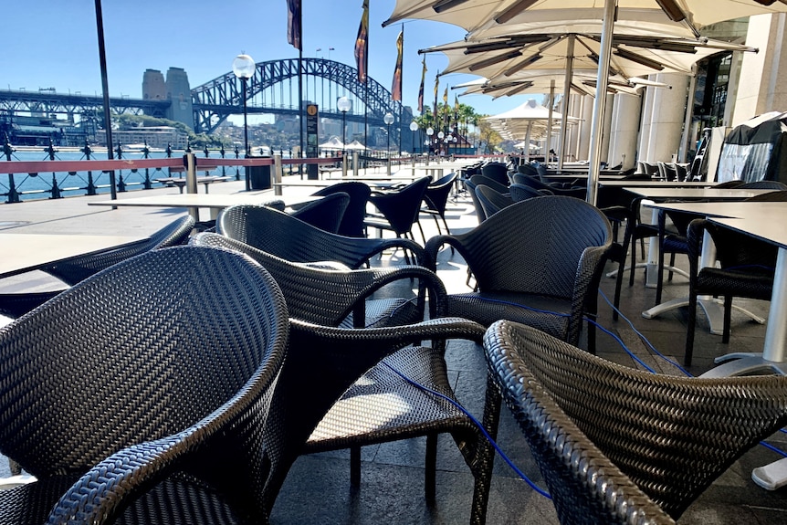 Empty chairs at a cafe at Circular Quay