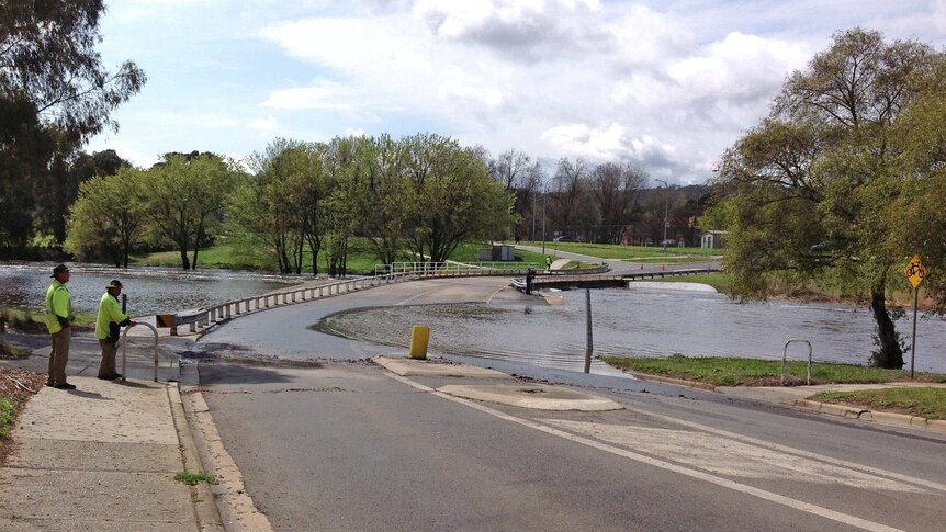 This low lying bridge at Queanbeyan remains closed due to flooding along the Molonglo River.
