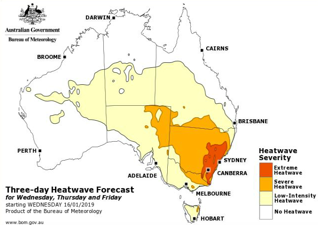 A map of Australia with orange and red sections across NSW indicating extreme and severe heatwave conditions.