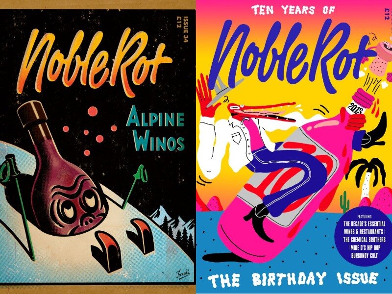Two brightly coloured Noble Rot magazine covers with pop art illustrations
