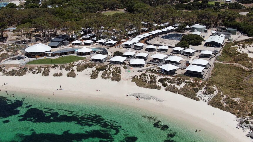 An aerial photo of a series of premium tents at Rottnest Island.