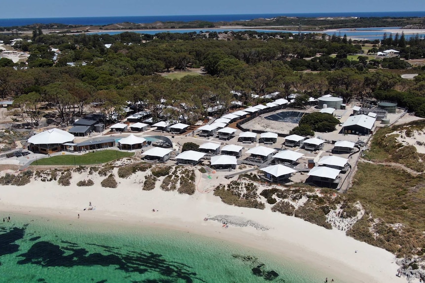 An aerial photo of a series of premium tents at Rottnest Island.