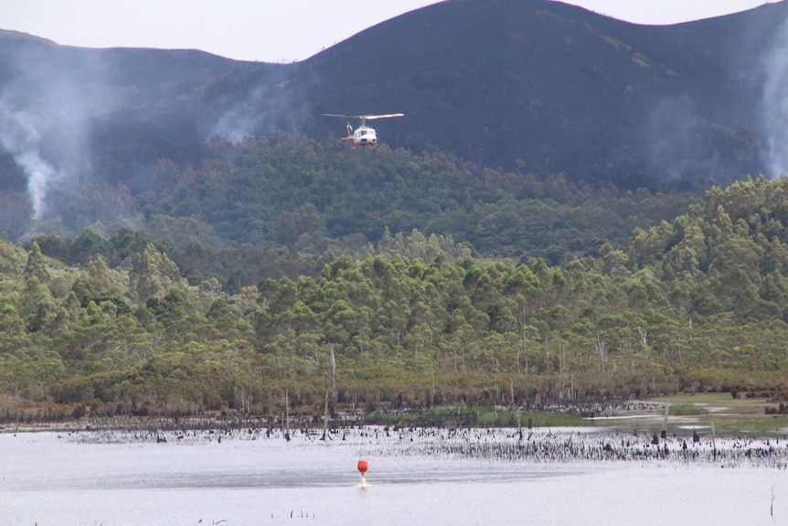 A waterbombing helicopter hovers over a lake near Zeehan.