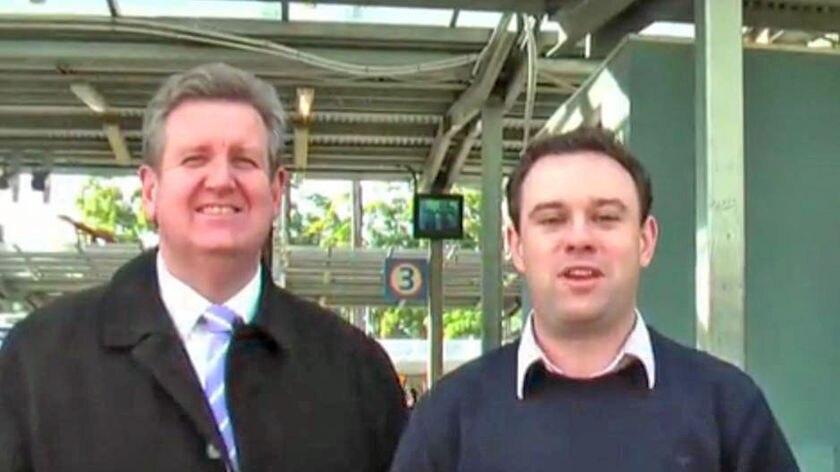 Opposition Leader Barry O'Farrell (left) and candidate Stuart Ayres won the Penrith by-election.