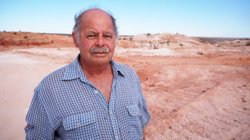 White male in blue checked shirt standing on top of opal mining site with blue sky and dirt mounds in background.