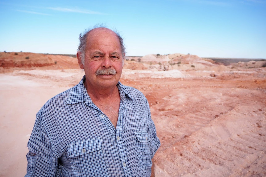 White male in blue checked shirt standing on top of opal mining site with blue sky and dirt mounds in background.