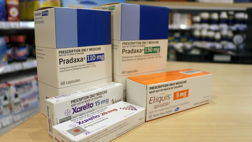 Boxes of new generation blood thinning drugs Xarelto, Eliquis and Pradaxa.