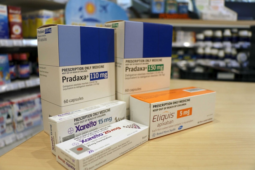 Boxes of new generation blood thinning drugs Xarelto, Eliquis and Pradaxa.