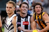 A composite photo of three AFL players - one from Fremantle, one from Collingwood and one from Hawthorn.  