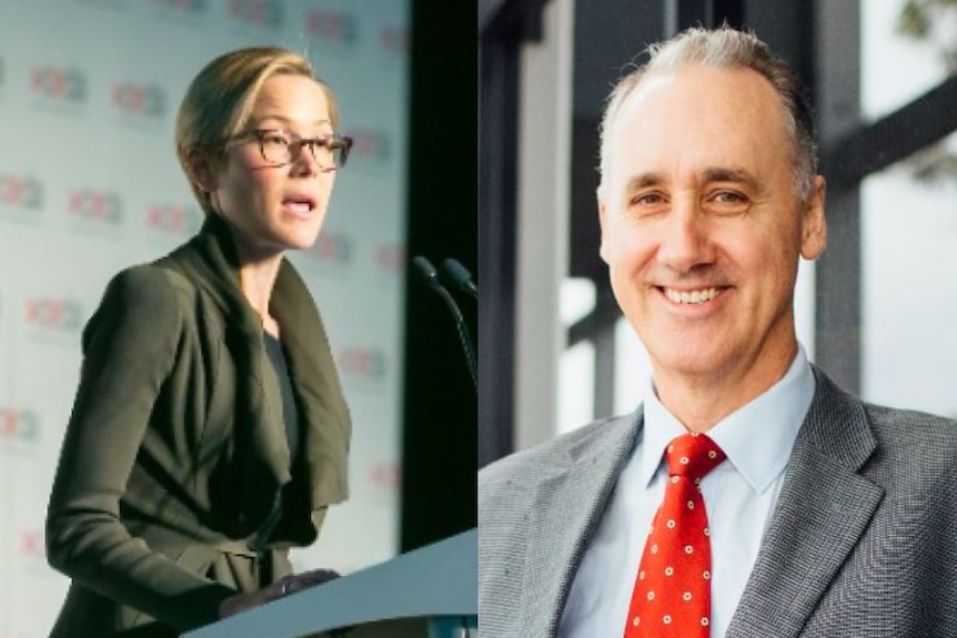 A composite image of Emma Roberts speaking at a lectern and David Honey in a grey suit with a red tie