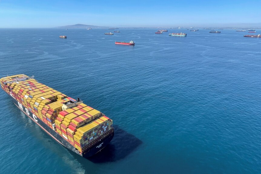 A wide shot shows one large container ship in the foreground, and several others floating behind. Land is visible on the horizon