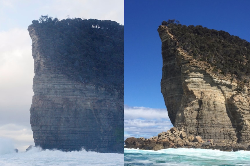 Shipsterns Bluff before and after rock collapse