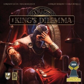 The box for the board game The King’s Dilemma with a king on a throne head in hand, stressed