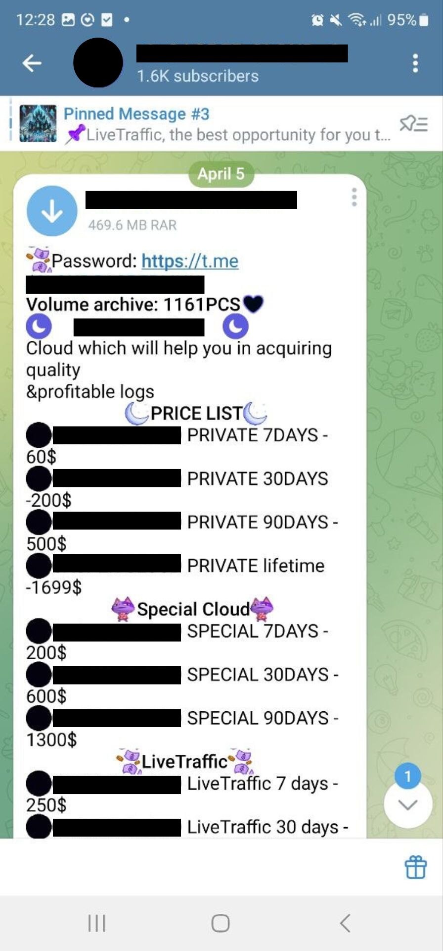 A telegram chat post is advertising membership options to receive stolen data.