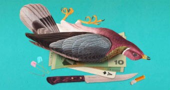 Digital artwork showing a dead bird, cash, a playing card, a knife, a cigarette butt and two safety pins.