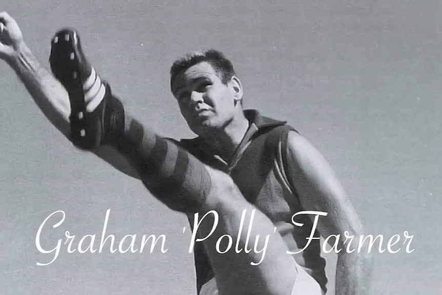 A black and white picture of a young Polly Farmer kicking a ball.