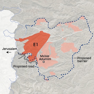 A map shows E1 settlement with dotted lines indicating proposed new barriers and roads