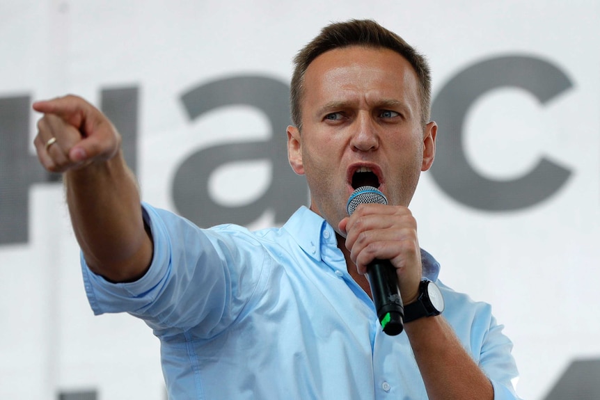 Russian opposition activist Alexei Navalny gestures while speaking to a crowd