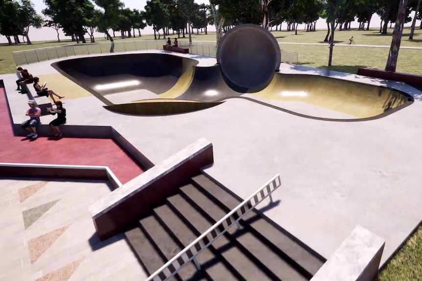 A graphic illustration of a skate bowl with a an inverted dome on its side at its edge