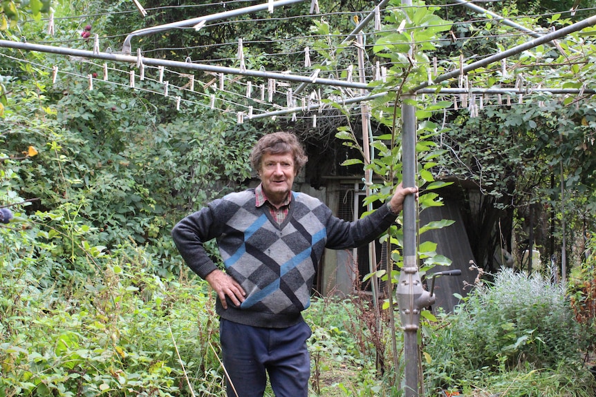 A man wearing a jumper standing under a clothesline