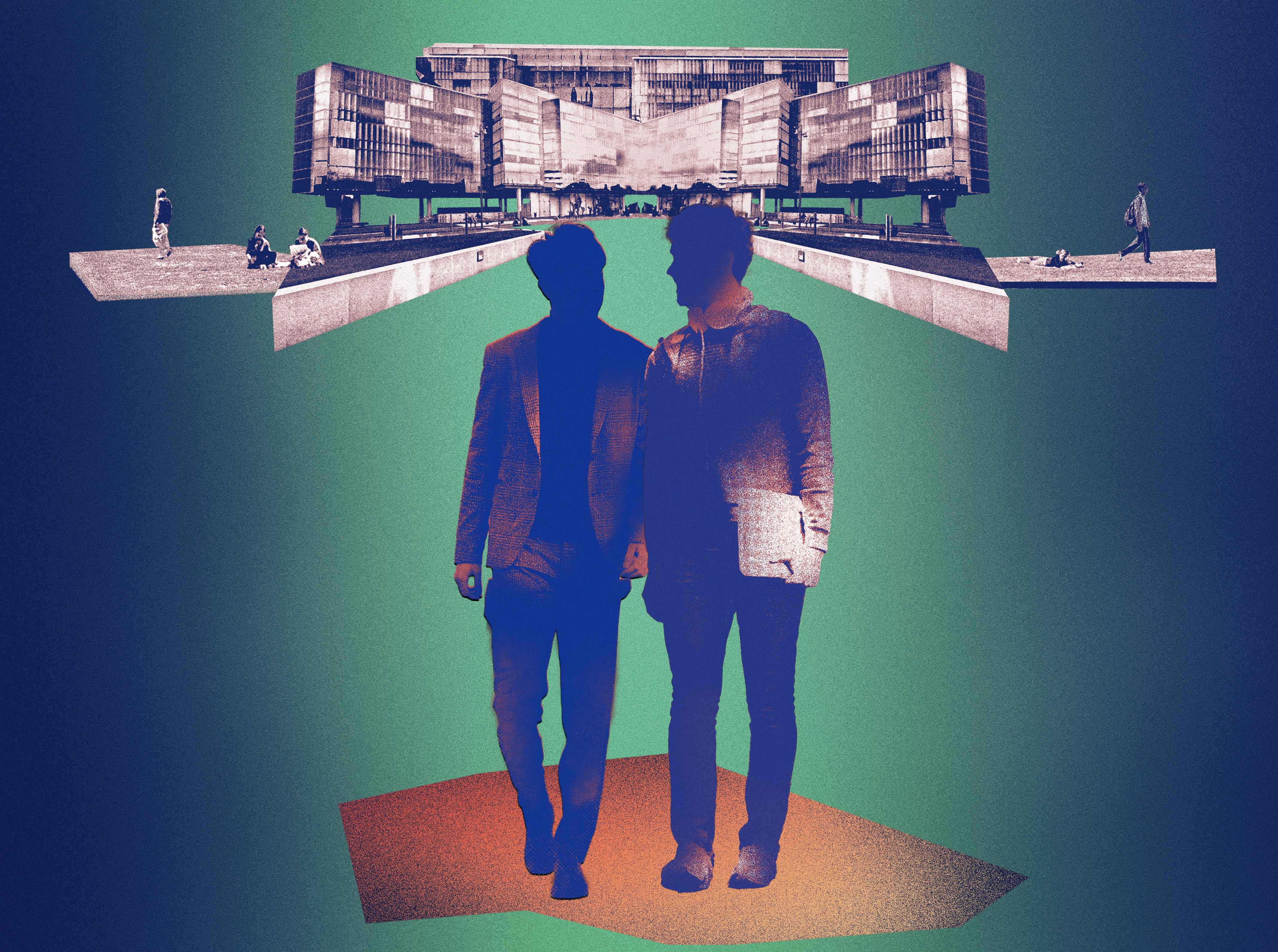An illustration of two men standing in front of a university campus.