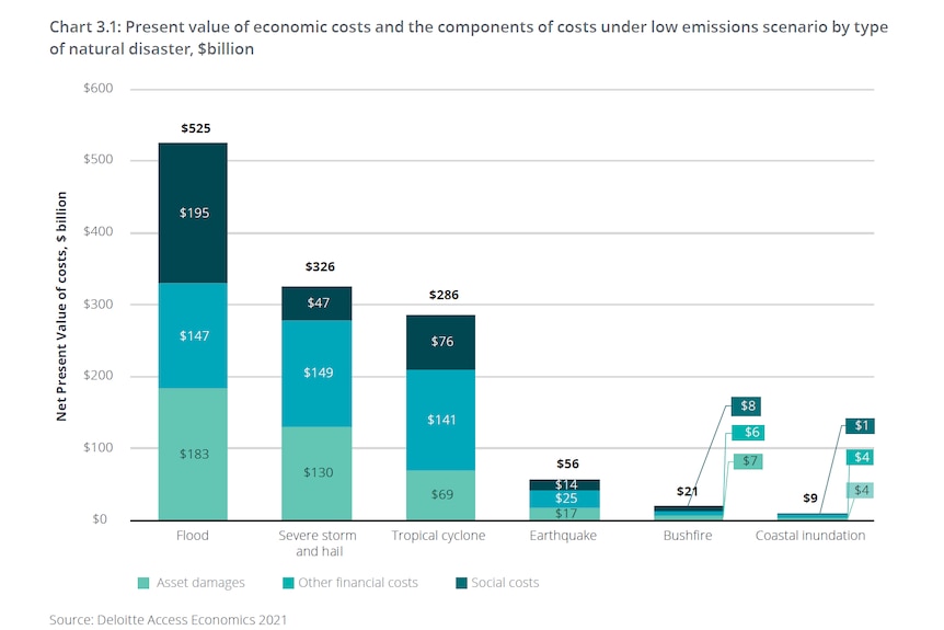 A graph showing projected cost of natural disaster by type under a low emissions scenario through to 2060.