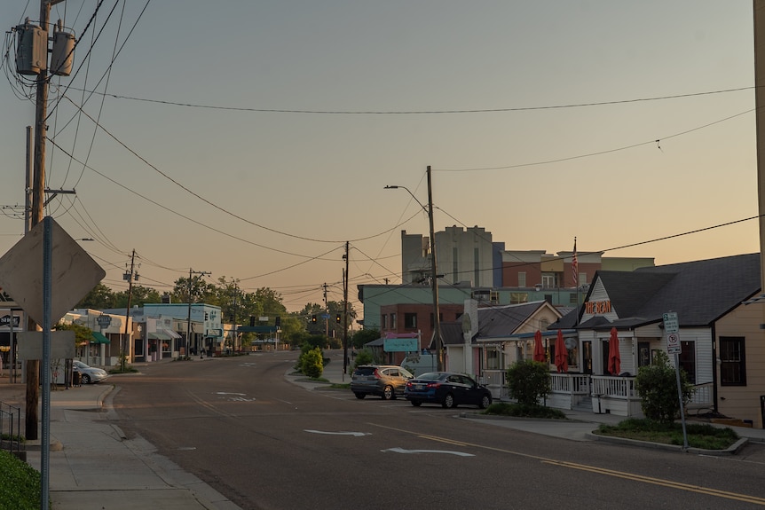 A suburban street in America at sunset