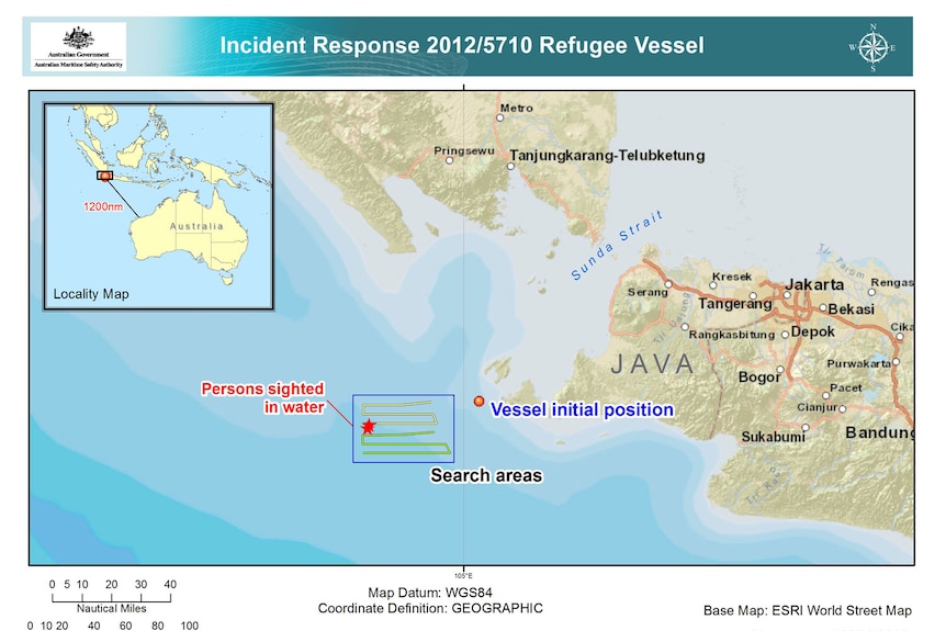 An Australian Maritime Safety Authority map shows the location of where the boat was located in the Sunda Strait.