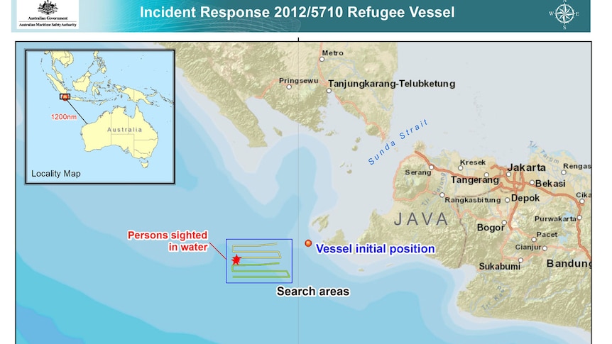 An Australian Maritime Safety Authority map shows the location of where the boat was located in the Sunda Strait.